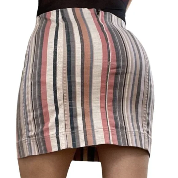 Altard State Denim Mini Skirt Small S Pink Camel Cotton Stripes Rise Mid Stretch - Picture 3 of 12